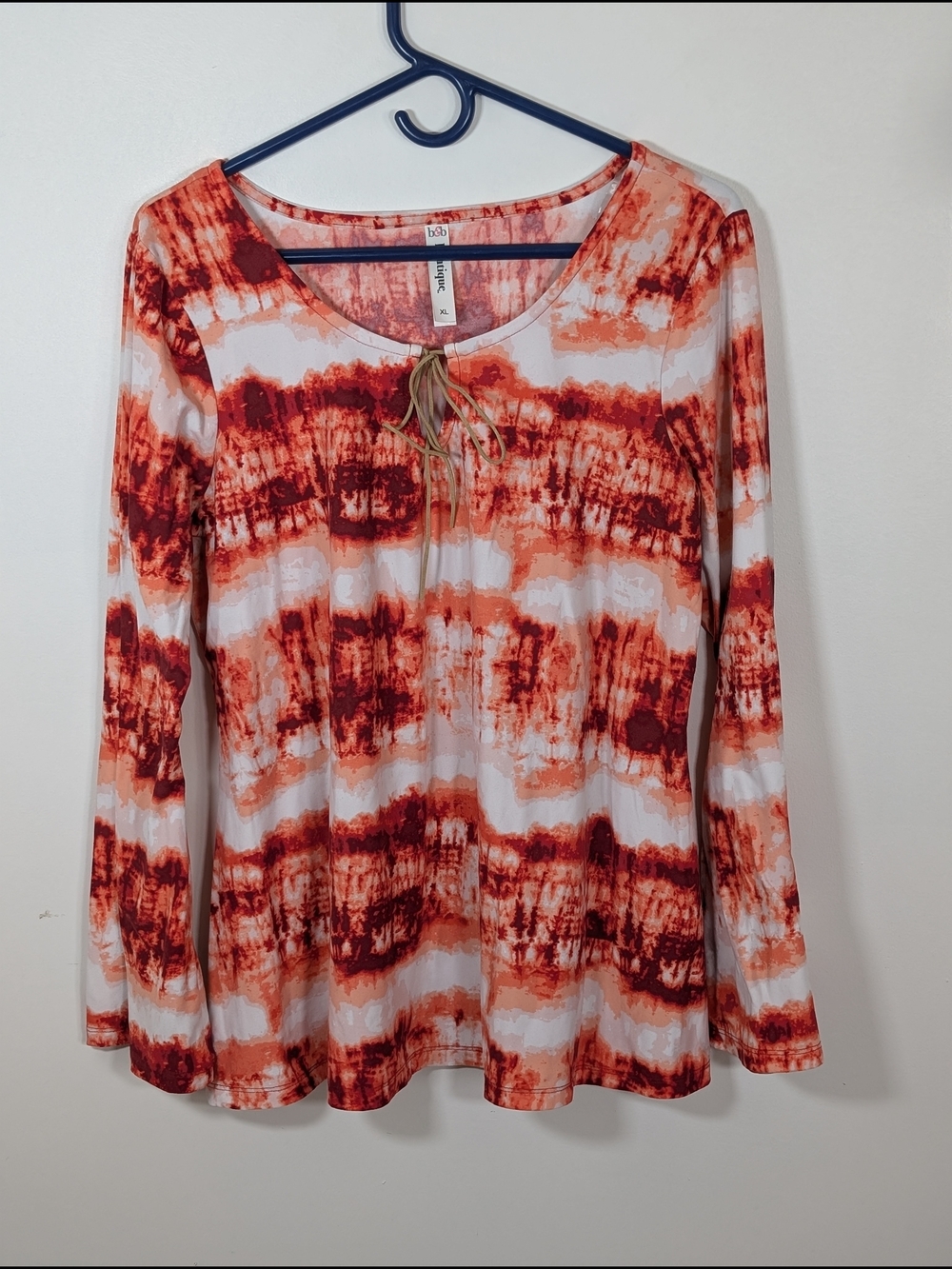 b&b Boutique Tie-Dye Orange White Red Knit V-Neck Tie Long Sleeve Top XL